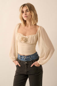 Romantic Era Chiffon Rose-Bodice Peasant Top - ShopPromesa