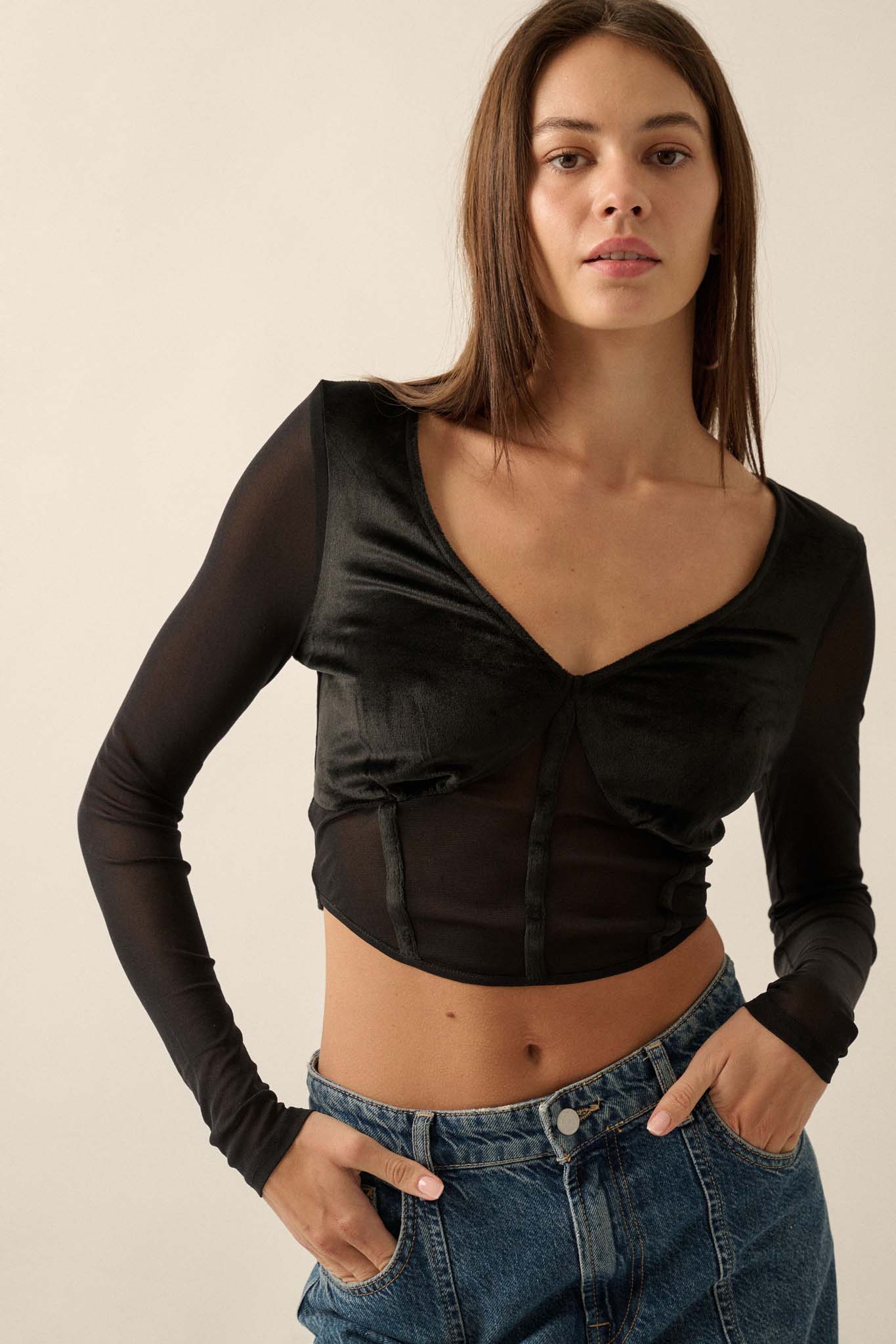 After Dark Velvet and Mesh Cropped Corset Top - ShopPromesa